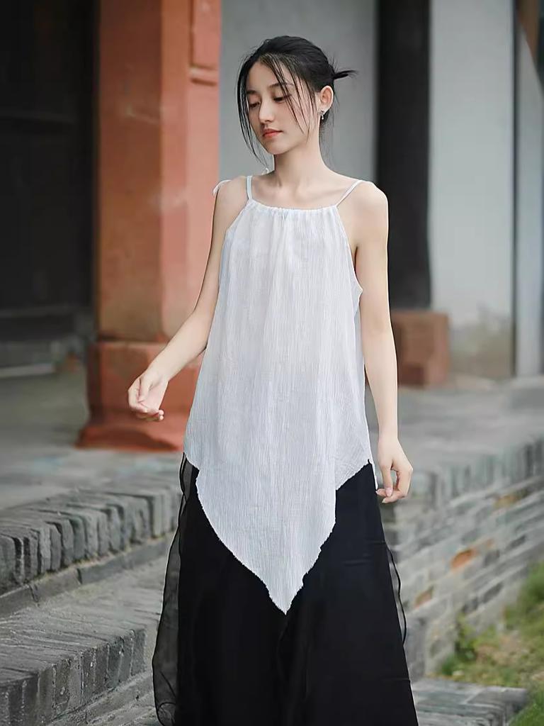 Drawstring adjustable suspender skirt cotton wrinkled literary retro style burr edge suspender medium and long color seaside vacation