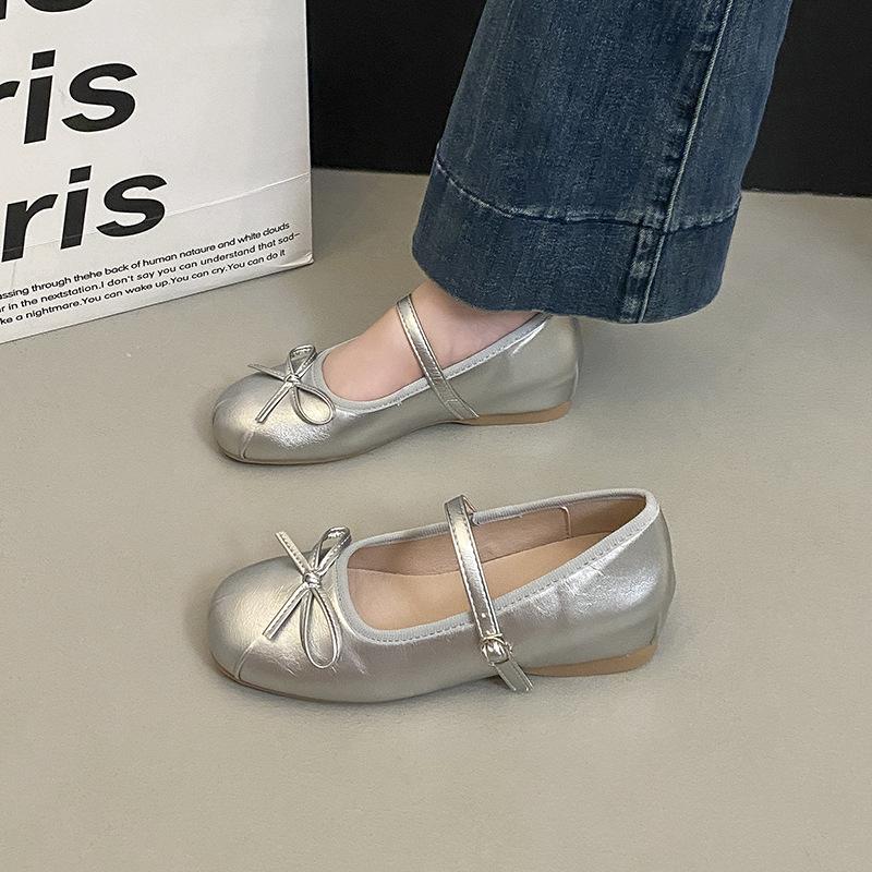 

Flat Bow Mary Jane Single Shoes Women s French One-Word Temperament Gentle Ballet Shoes Women s Shallow Mouth 40 серебряный