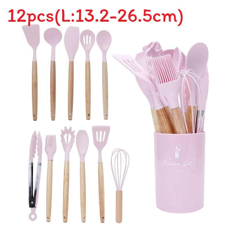Silicone Kitchen Utensil Set With Wooden Handles For Nonstick Cookware And Heat Resistance