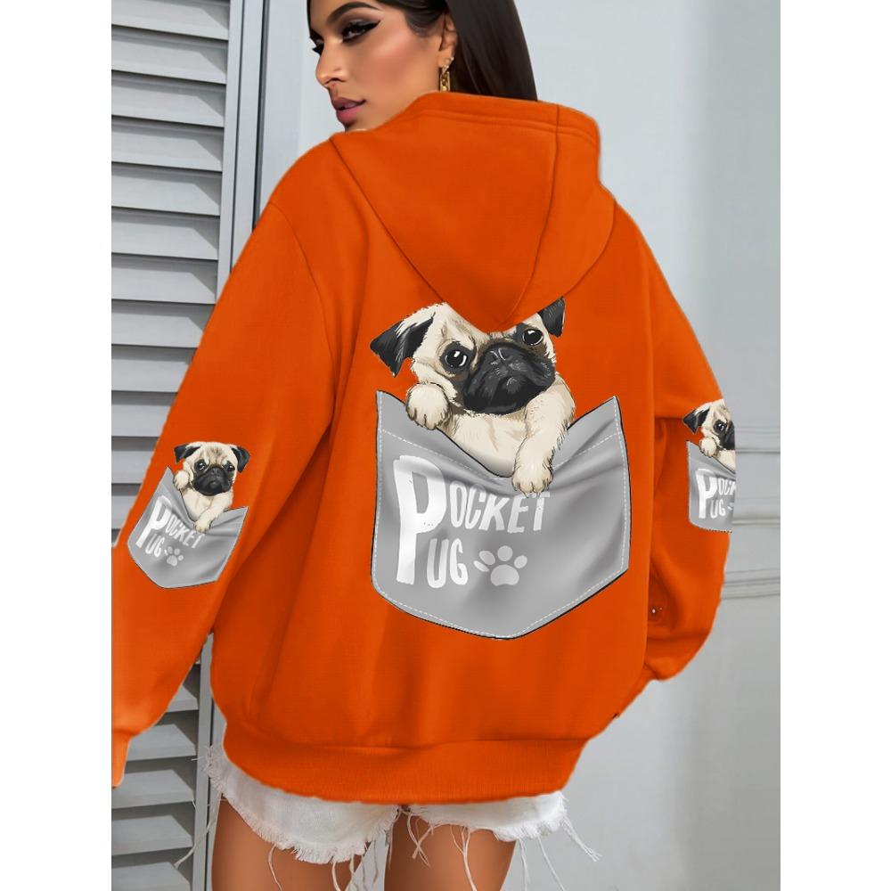 Pocket Pug Hoodies Women Cartoons dog Prints Hooded Loose Pockets Sweatshirts Winter Fleece Warm Tops