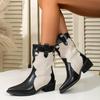 Fashion Spliced Single Boots Autumn New Pointed Toe Sleeve Block Heel Mid-Leg Boots