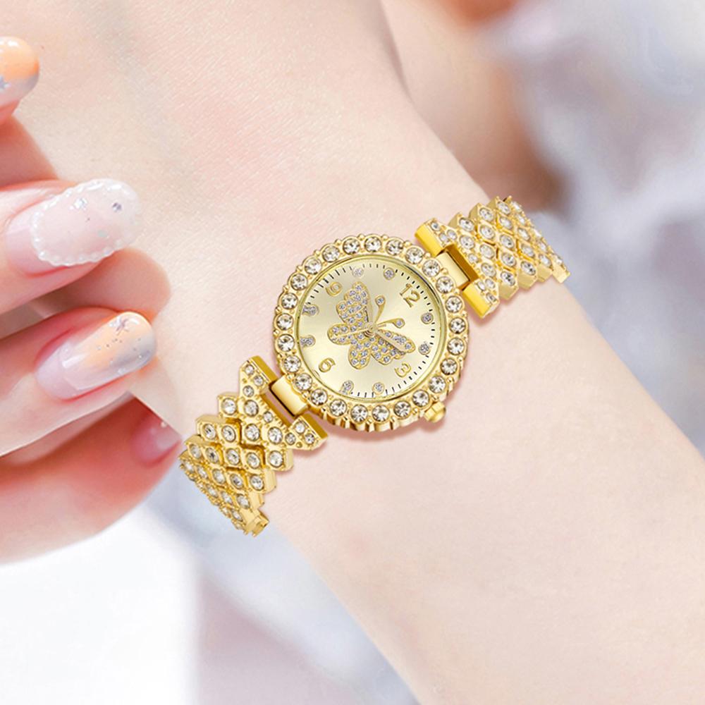 5PCS Golden Ladies' Watch Set Luxury Trendy Butterfly Element Dial Quartz Watch Bracelet Set Perfect Holiday Gift