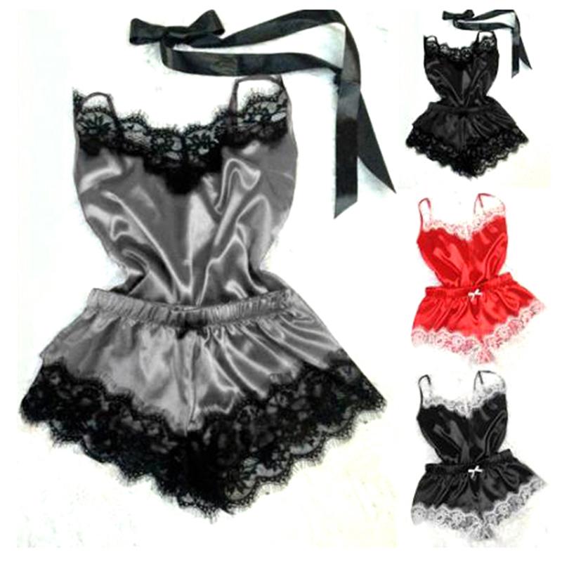 Ropa de Dormir para Mujer Sin Mangas Tirantes Camisola de Satén con Encaje Conjunto de Pijama