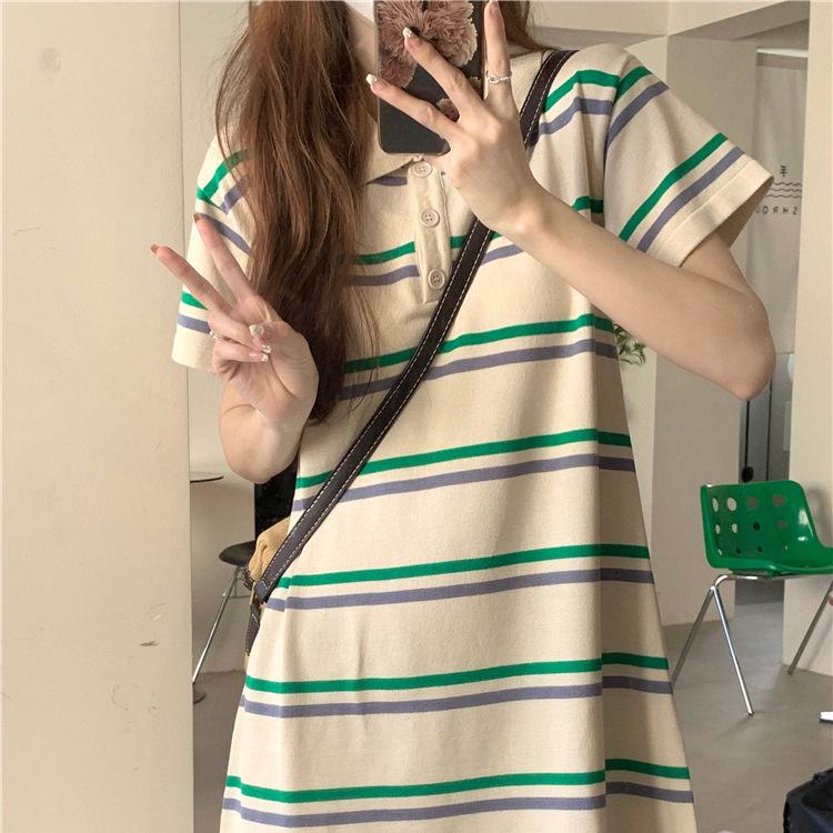 Women's Striped Summer Polo Dress - Loose Knit Bell-Sleeve Design