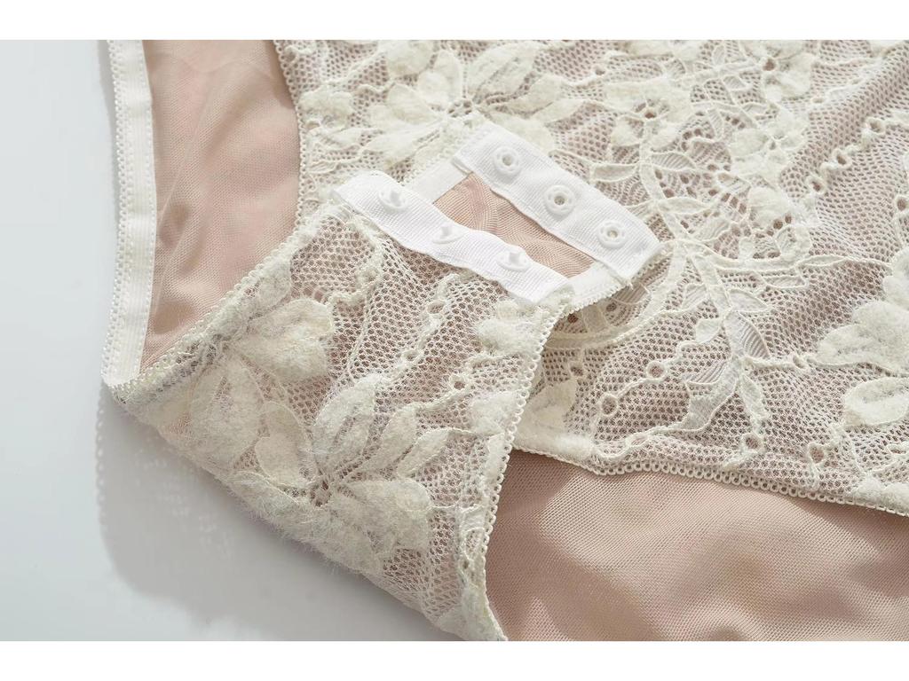 Crocheted Mesh Lace Bodysuit - Slimming Long Sleeve Round Neck Top