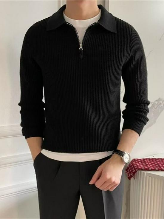 Men's Autumn/Winter Half-Zip Ribbed Knit Polo Sweater