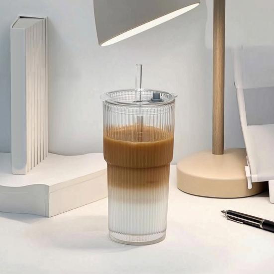 Ribbed Glass Tumbler with Lid And Straw, 560ml Capacity Iced Coffee Cup, Reusable Cold Drink Glass for Home, Travel Cup Fits Car Holder
