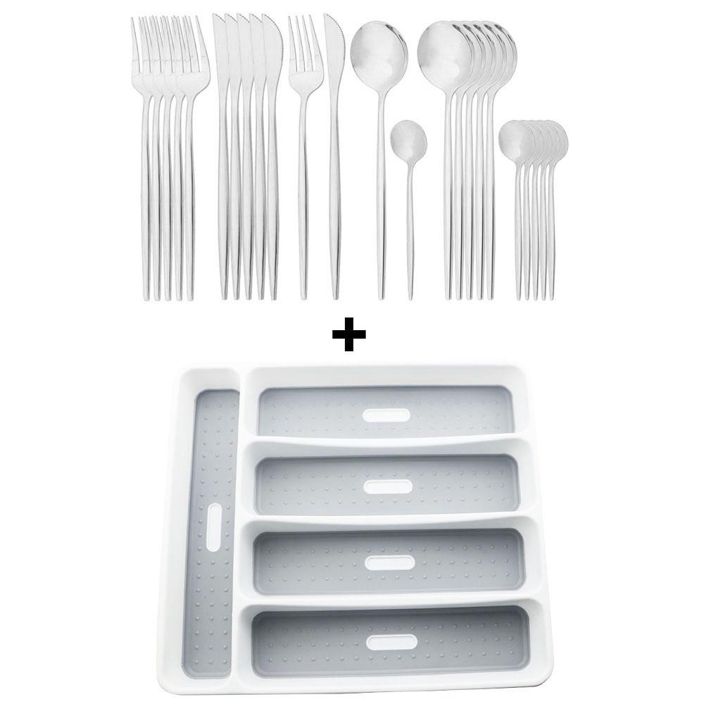 

24 шт. зеркальный полированный набор столовых приборов, набор столовой посуды из нержавеющей стали, красочный нож, вилка, посуда, кухонная посуда для ужина, ящик для хранения с 5 отделениями серебряный