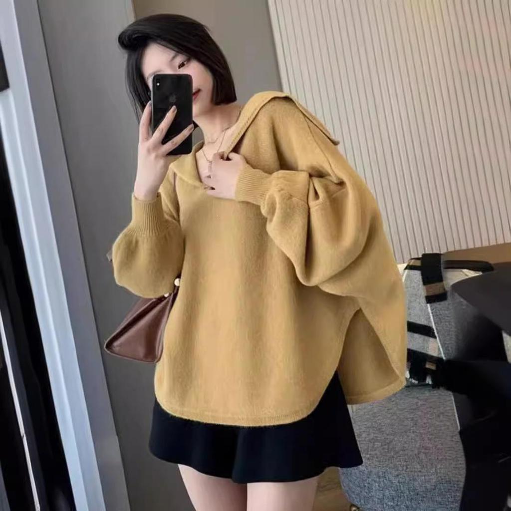 Women's Batwing Sailor Collar Pullover Sweater - Solid Color Knit Top for Autumn