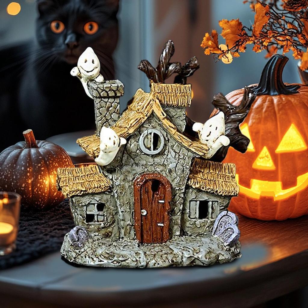 Haunted House Figurine Indoor Resin Halloween Room Decor 5.3Inch Glowing Figure Lighted Statue For Table Women Workplace Shelf