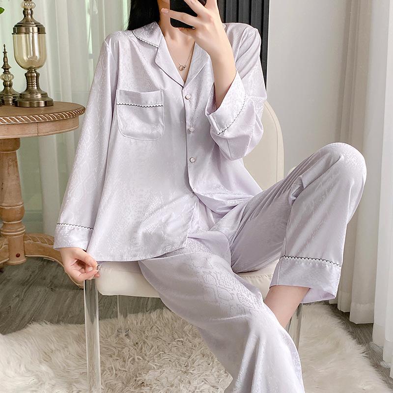 New Female Pajamas Two Piece Set Spring Autumnn Long Sleeve Trouser Suits Print Flower Satin Homewear Lingerie Casual Sleepwear