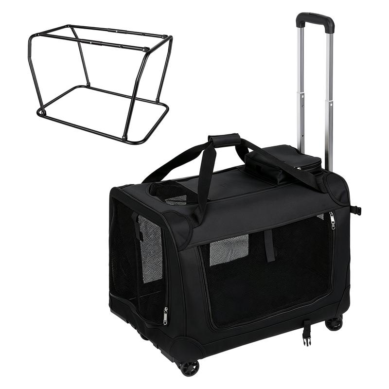 Rolling Pet Box with Telescopic Handle, Foldable Pet Travel Cart with Wheels, Breathable Mesh Dog and Cat Bag Trolley