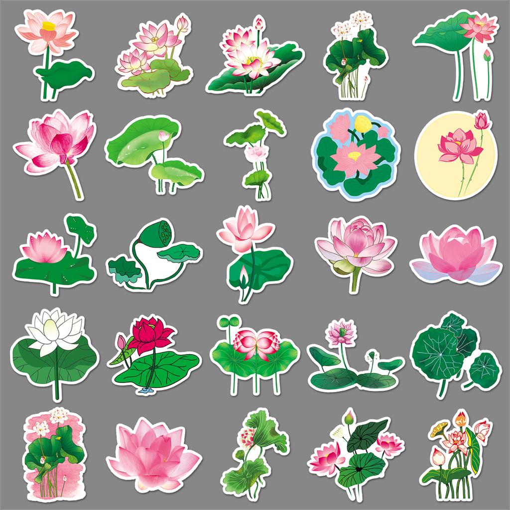 50 Lotus Leaves Doodle Small Fresh Plants Flowers Creative DIY Mobile Suitcase Stickers Waterproof