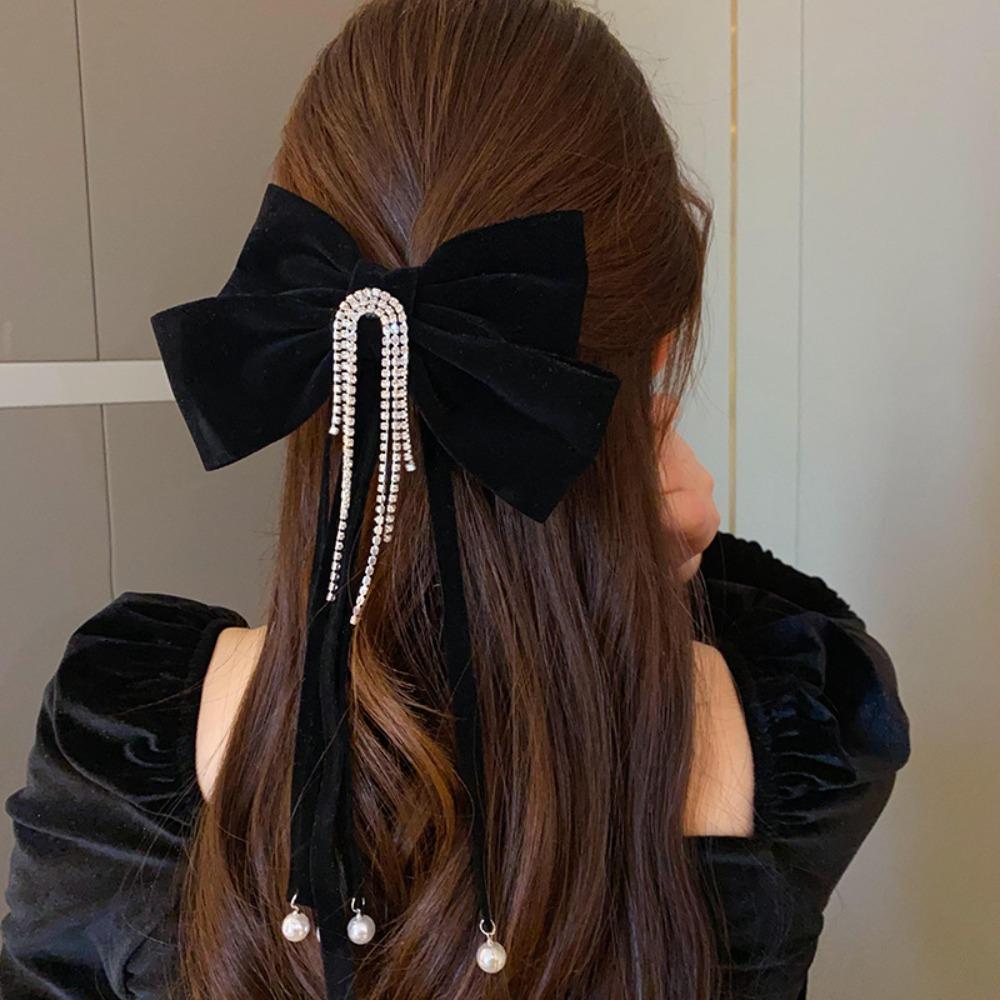 Cloth Bowknot Spring Clip Rhinestone New Year Hairpin Red Velvet Bow Hair Clip Ponytail Holder