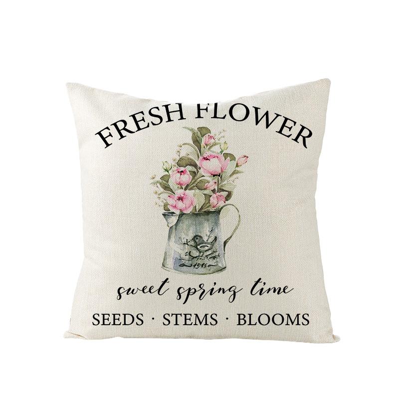 Spring Floral Pillowcase Linen Printed Sofa Pillowcase Pink Truck Bedroom Cushion Cover