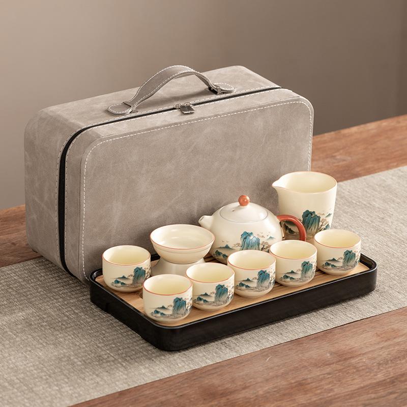 Xishi Teapot Huang Ru Kiln Travel Kung Fu Tea Set Household Portable Teacup Teapot Light Luxury Business Gifts