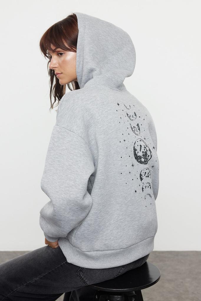 Women's Fashionable Stylish Sweatshirt Purple Printed Oversize Wide Fit Hooded Thick Fleece Knitted Sweatshirt