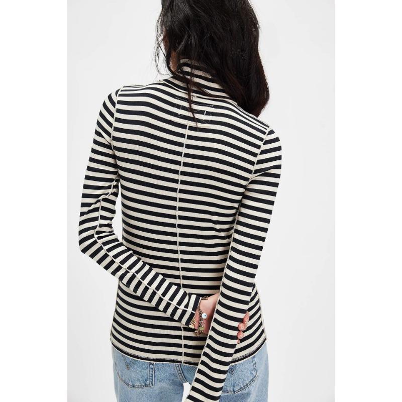 Women S Striped Print Half High Neck Fitted Long Sleeve T Shirt Base Layer Top