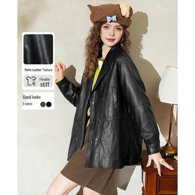 ET BOITE Women's Vintage Waist-Defining PU Leather Jacket