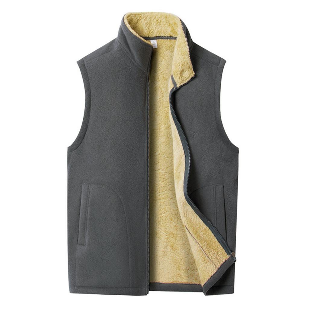Men's Casual Solid Color Double-sided Fleece Zipper Vest, Men's Stand-up Collar Fleece Vest