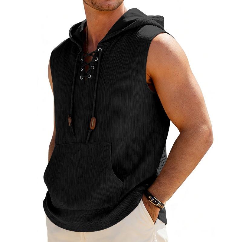 Mens Lace Up Sleeveless Hooded Tank Top