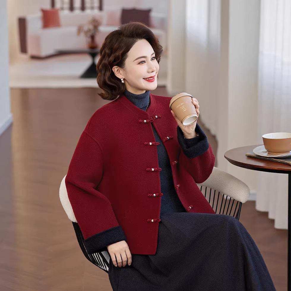 Elegant Red Wool Coat for Mother's Winter Wear - Short, Reversible, Chinese Style