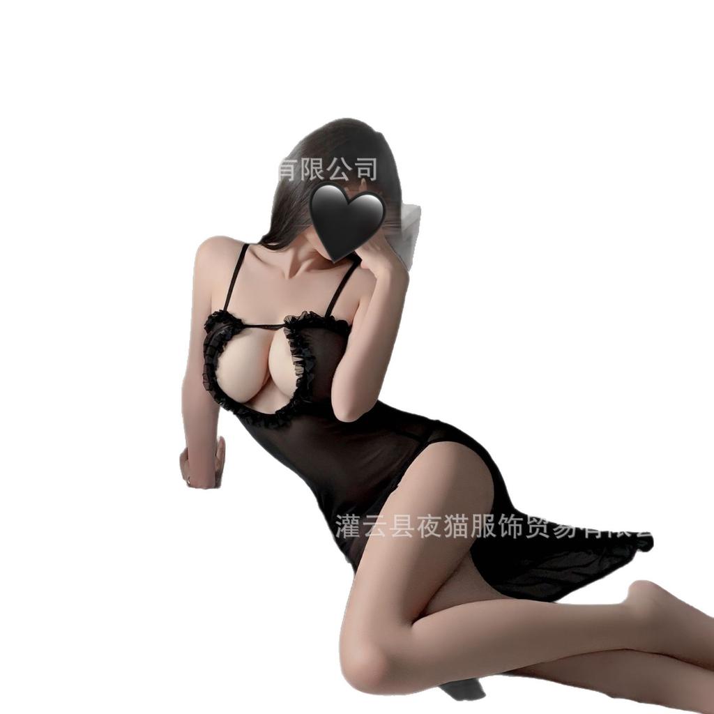 Night cat royal sister sexy underwear sexy long dress perspective deep V lace perspective suspender jumpsuit temptation split uniform