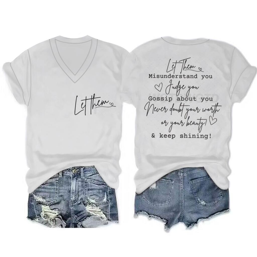 Let Them Letter Print Vneck Short Sleeve Soft Tee Inspirational Quotes Gift for Women Casual Positive Quotes Women Tshirts