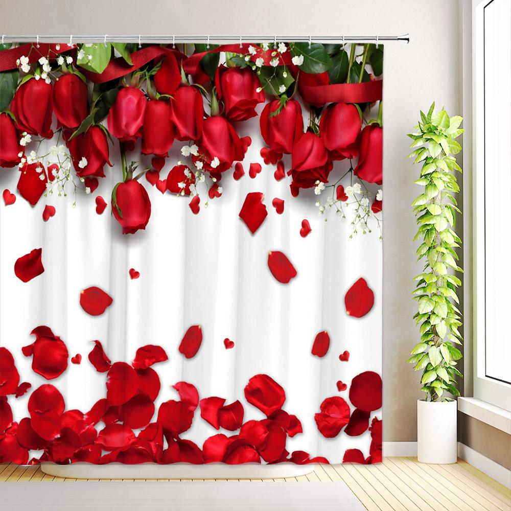 Red Rose Flower Shower Curtain Romantic Paris Vintage Eiffel Tower Stamp Floral Butterfly Abstract Art Bathroom Decor with Hooks