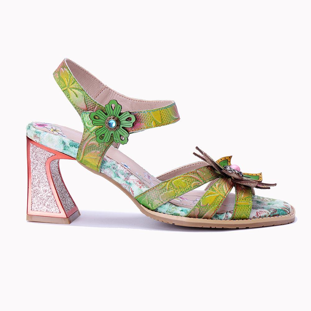 Johnature Women's Summer Shoes Genuine Leather Painted Retro Contrast Comfortable High Heeled Sandals