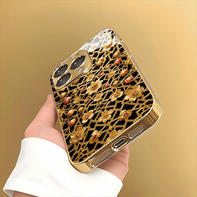 Premium gegalvaniseerde glazen telefoonhoes voor iPhone 17  16  15  14  13  12  11pm Pro Plus. Goudkleurig gestreept bloemenpatroon.