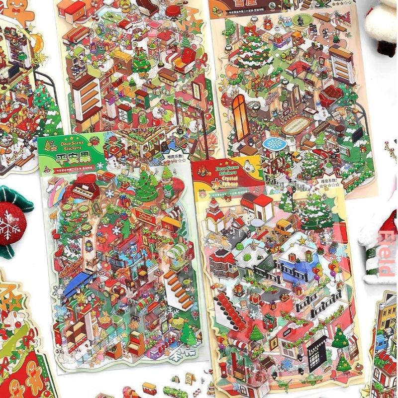 Christmas Miniature Diorama Landscape Stickers Cute Cartoon Pocket Diy Scene Decoration Aesthetic Stationery Stickers