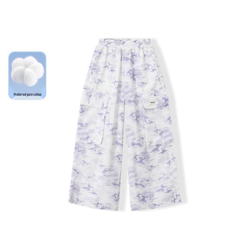 Mengtejiao Girls Summer Printed Wide-Leg Cargo Pants 140