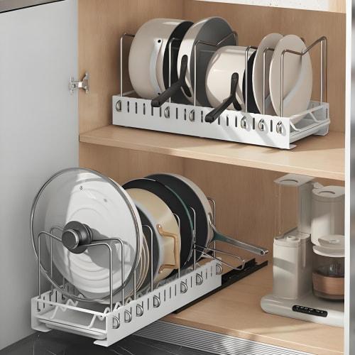 Gevvnss Frying Pan Rack with 12 Compartments for Under-Sink Storage, Large Capacity Kitchen Storage Rack with Draining Platform, Pot Stand, Frying Pan