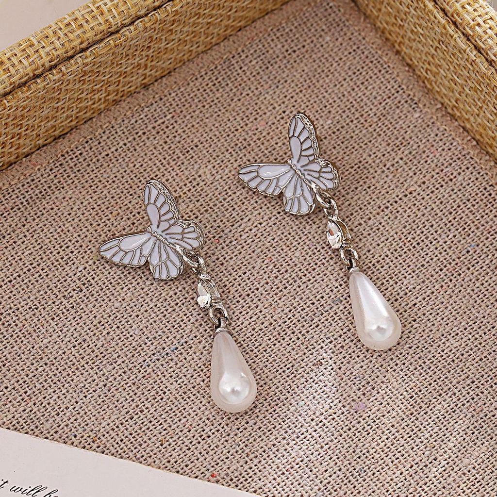 French Retro Silver Needle Butterfly Earrings with Drip Oil Inlay and Pearl Drop
