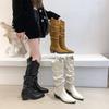 Stiefel mit V-Ausschnitt Damen 2025 Herbst neue plissierte Stiefel zum Raffen spitz zulaufender dicker Absatz aber kniehohe Reiterstiefel