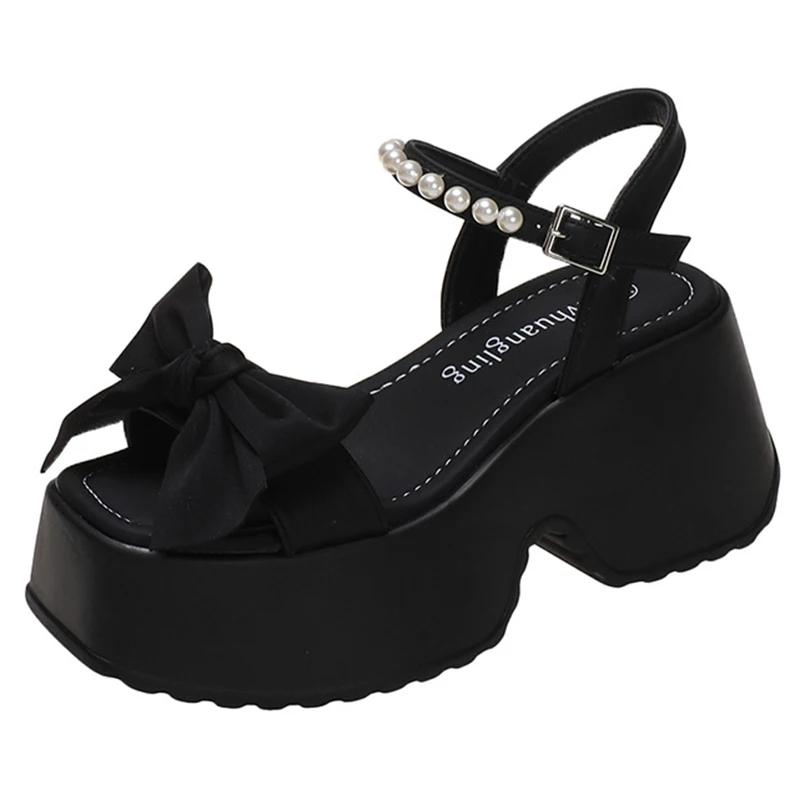 Korean Version Bowknot Margarite Thick Bottom Roman Sandals 2024 New Fashion Casual All-match Solid Color Heels Women Summertime