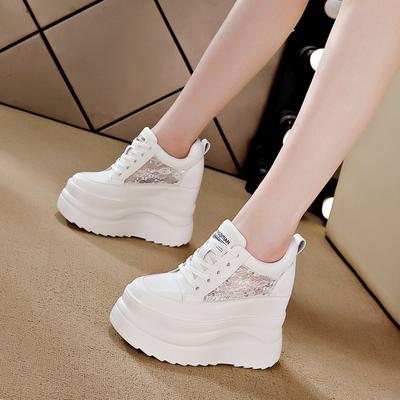 13Cm High Spring Women's Shoes New Lace-up Versatile Small Wedge Heel Muffin Thick Sole Inner Heightening Heel Casual Shoes