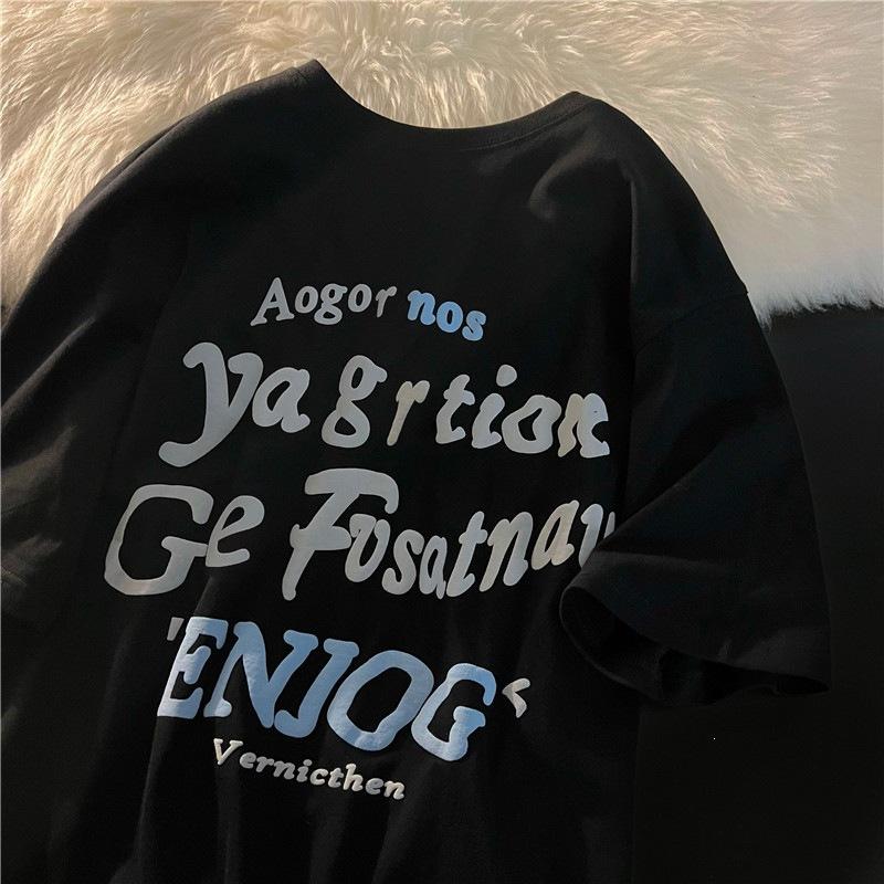 

100% pure cotton shoulder back bag collar Guochao foam short sleeve loose letter T-shirt women XL чорний