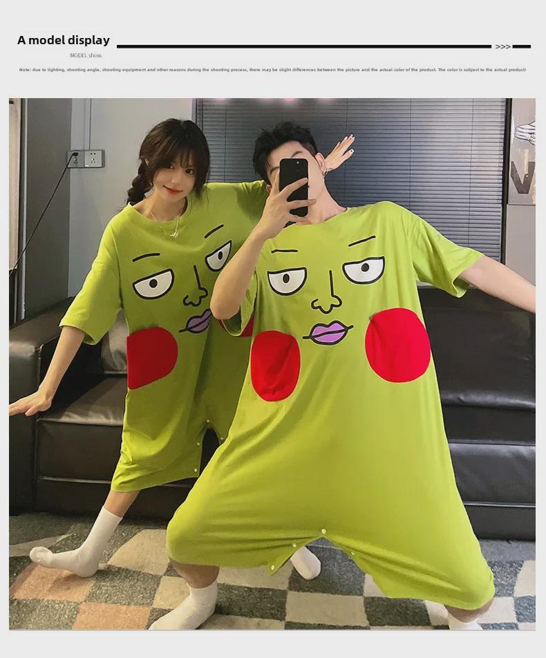 Pijama amuzantă de vară din bumbac pur cu gropițe - Rochie de casă lejeră cu mânecă scurtă pentru cupluri, pentru femei