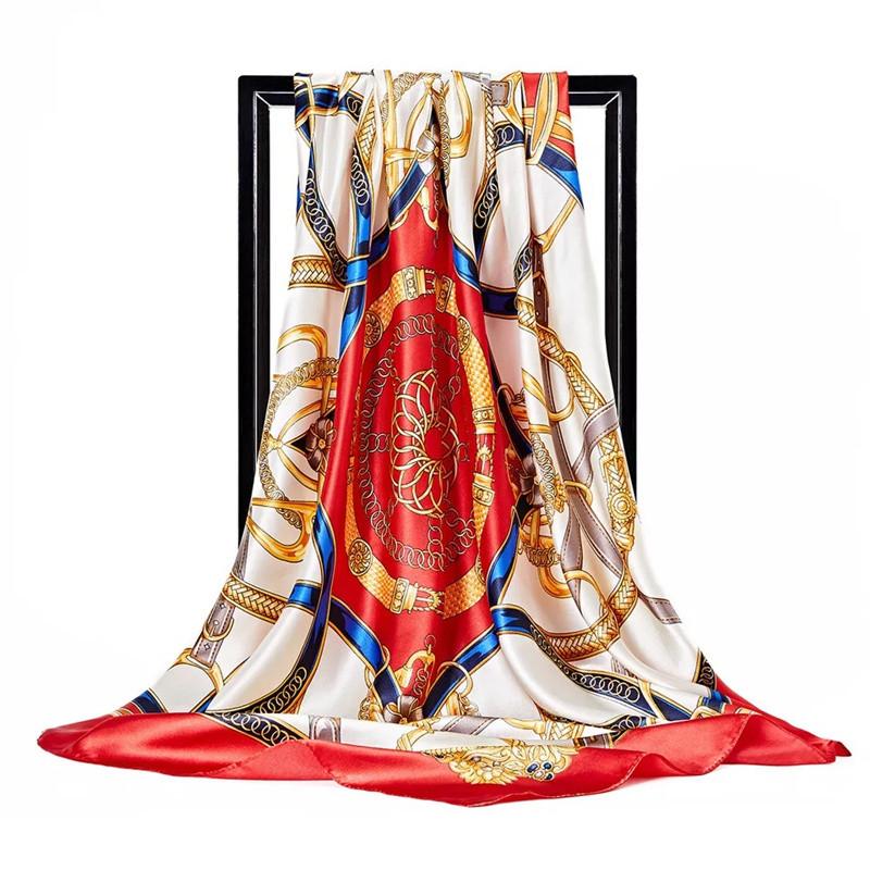 Scarves 90*90Cm Women Print Twil Hair Neck Square Silk Scarf Office Lady Shawl Bandana 90X90Cm Muslim Hijab Handkerchief Korean