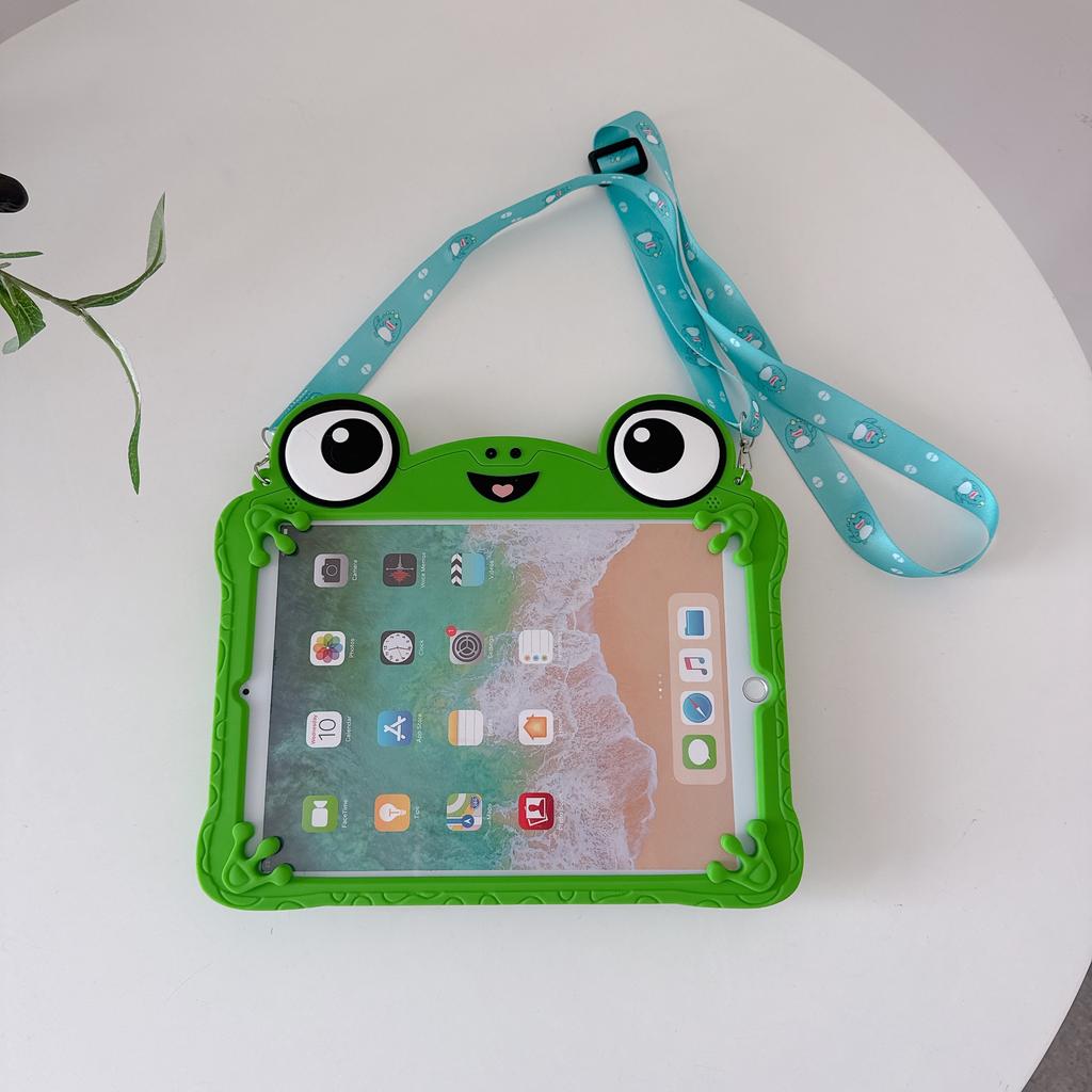 3D Cute Cartoon Frog Crocodile Kids Silicone Tablet Case With Shoulder Strap For iPad Air M4 A19 Mini 6 7 iPad 5/6/7/8/9/10/11/12th Pro11 Cover Stand