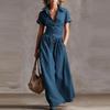 Camicia da Donna a Maniche Corte alla Moda Retro a Vita con Revers Stile Western Colore Unito Estiva Abito Lungo Elegante a Linea ad A