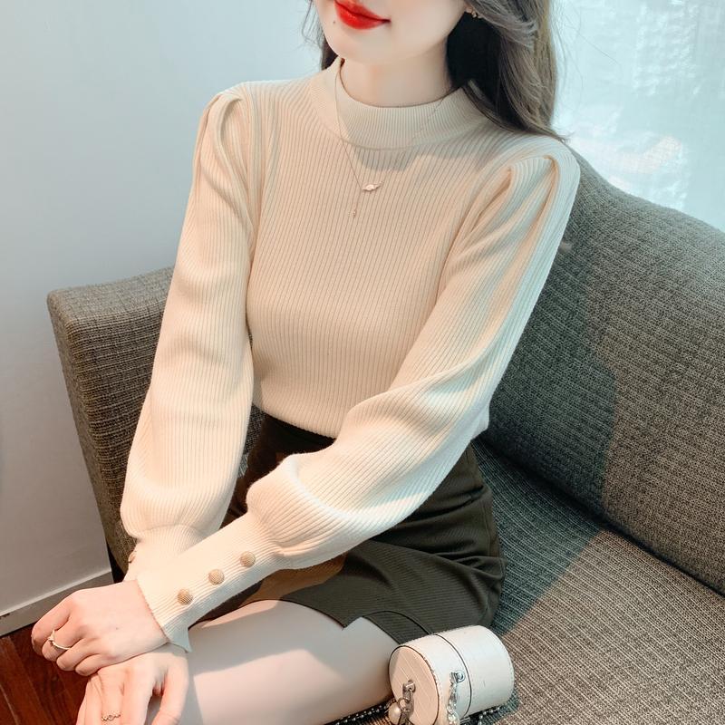Fashion Autumn Winter Women Sweaters Solid O-Neck Slim Puff Long Sleeve Female Clothing Rose Pink Knitted Casual Pullover Tops