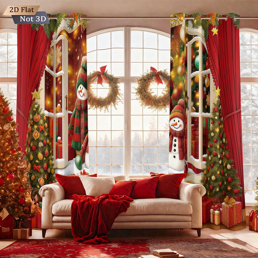 2Pcs Merry Christmas Snowman Print Blackout Curtains In Multiple Sizes Living Room Insulation Holiday Decoration Easy To Install