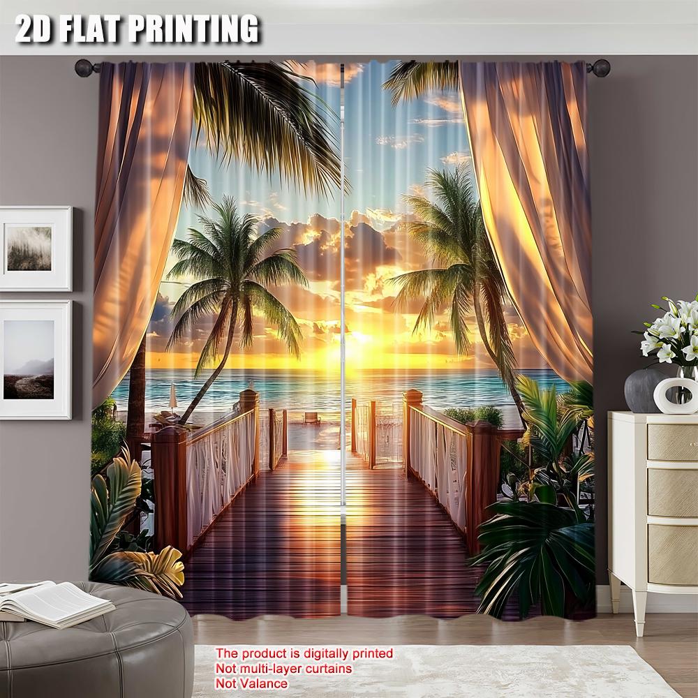 Set Of 2 Tropical Seaside Pography Balcony Wood Bridge Theme Wedding Birthday Curtains Wide Bedroom Living Room Dorm Curtain For Sitting Made