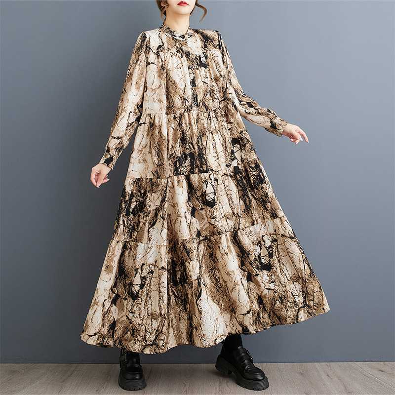 

2025 Круглый вырез Длинный рукав Свободная юбка Женское платье для мам среднего возраста большого размера 0XL имбирный