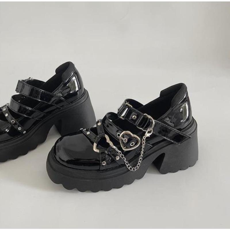 Fashion Women's Punk Platform Pumps 2025 Spring Metal Chain Mary Jane Lolita Shoes Woman Japanese Patent Leather High Heels Gothic Shoes