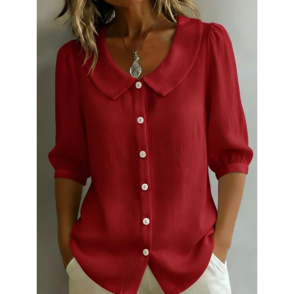 Women's Peter Pan Collar Puff Short Sleeve Button Down Solid Linen Blend Shirt Loose Casual Blouse For Summer Daily Office