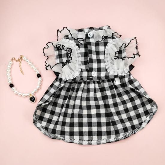 Yousheng Dog Dress Round Neck Lace Patchwork Fake Pearls Decor Plaid Print Pet Dog Cat Princess Dress Daily Wear